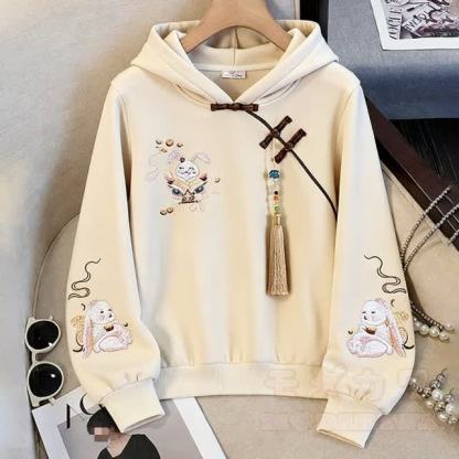 Modern Chinese Style Embroidered Hooded Sweatshirt - Apricot - 2XL - image 1