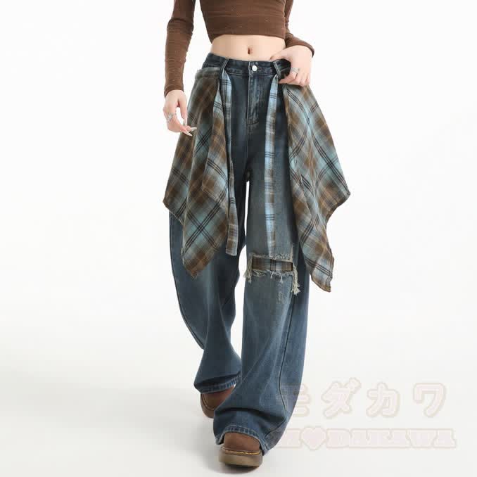 Vintage Wide Leg Ripped Jeans with Plaid Strap - image 2
