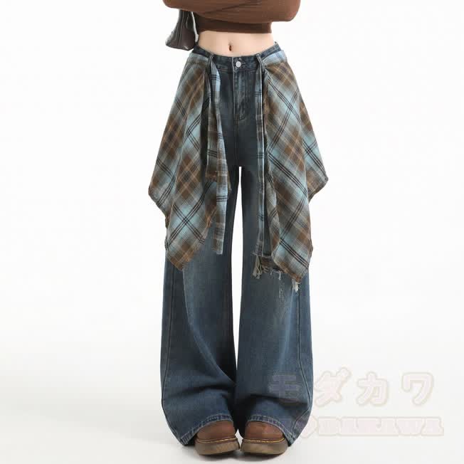 Vintage Wide Leg Ripped Jeans with Plaid Strap - Blue Pants with Plaid Strap - 2XL - image 1