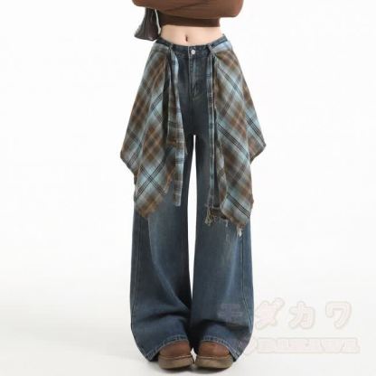 Vintage Wide Leg Ripped Jeans with Plaid Strap - Blue Pants with Plaid Strap - 2XL - image 1
