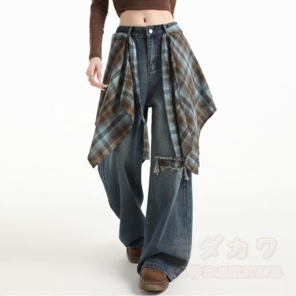 Vintage Wide Leg Ripped Jeans with Plaid Strap - image 5