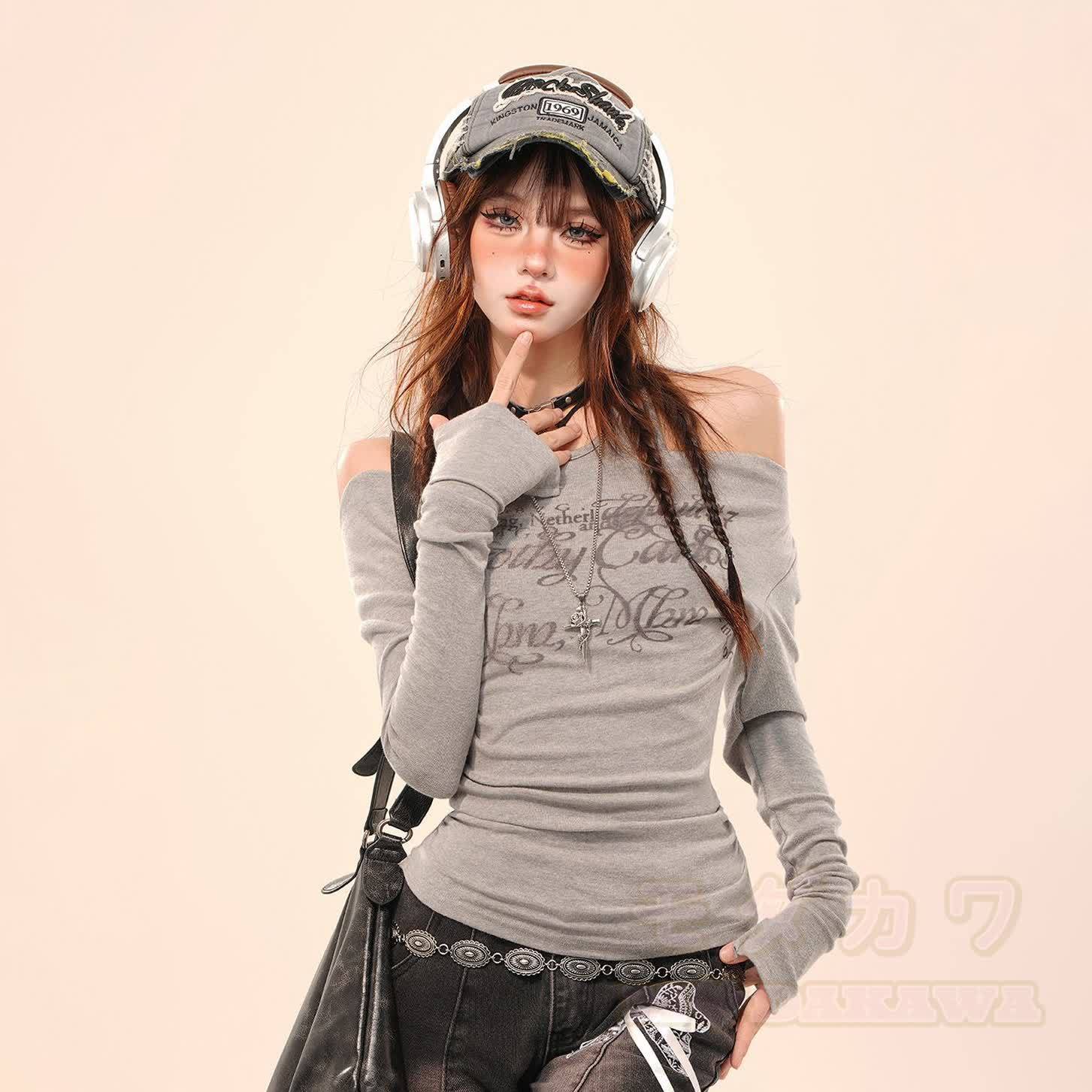 Cool Off-Shoulder Long Sleeves T-Shirt - Grey - XL - image 4