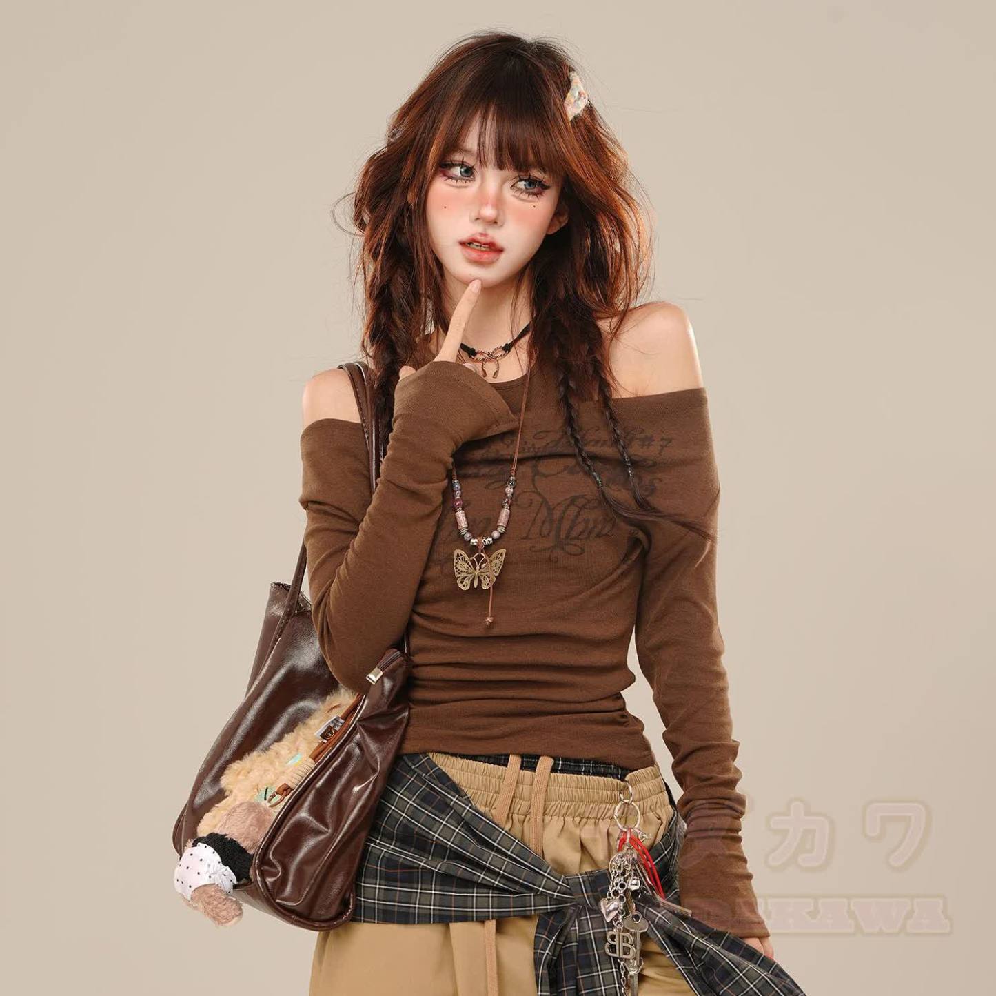 Cool Off-Shoulder Long Sleeves T-Shirt - Coffee Brown - XL - image 1