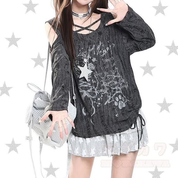 Y2K Subculture Graffiti Drawstring Oversized Top - Black - XL - image 1