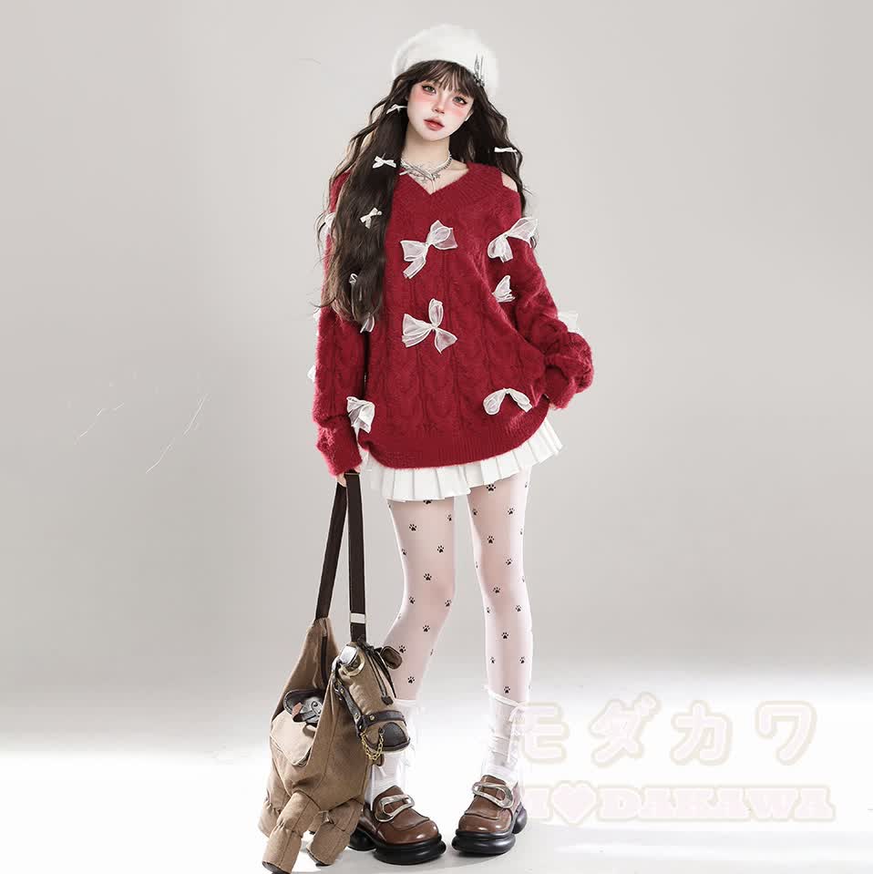 Bow Off-Shoulder V Neck Knit Loose Sweater - image 4