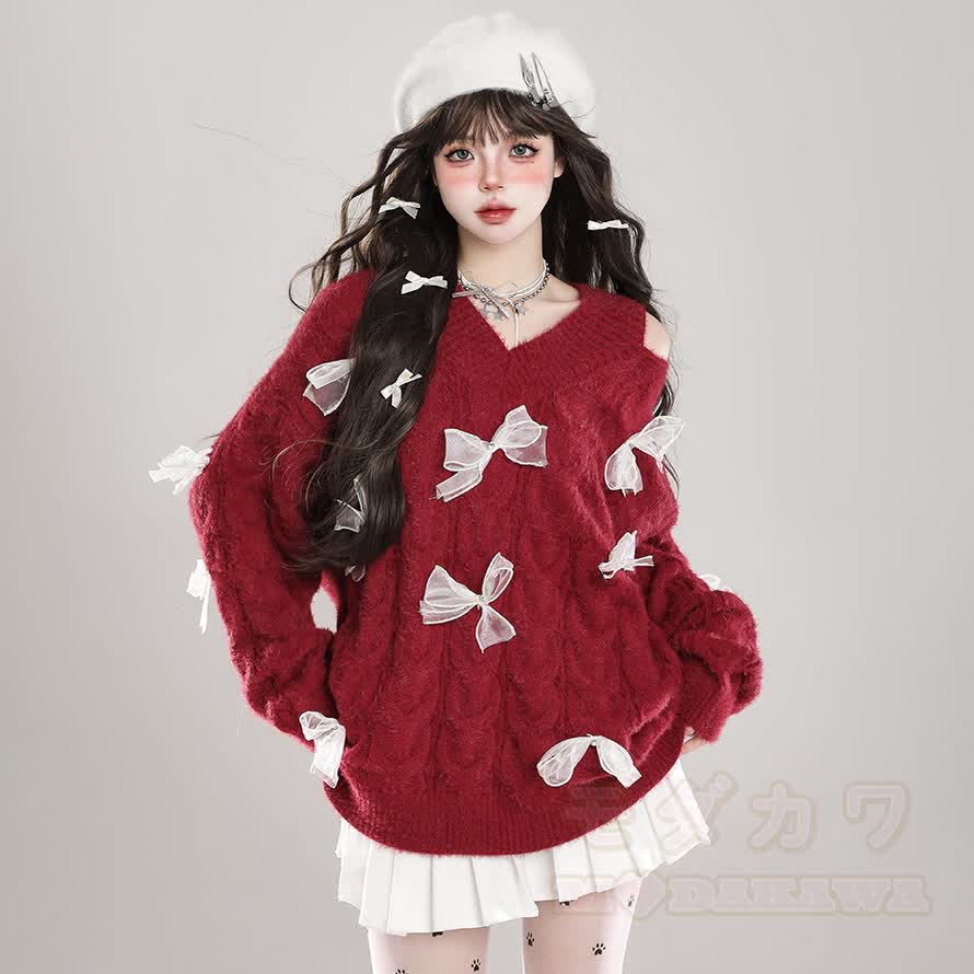 Bow Off-Shoulder V Neck Knit Loose Sweater - Red - One Size - image 3