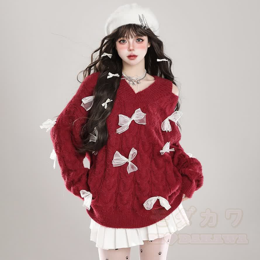 Bow Off-Shoulder V Neck Knit Loose Sweater - Red - One Size - image 3