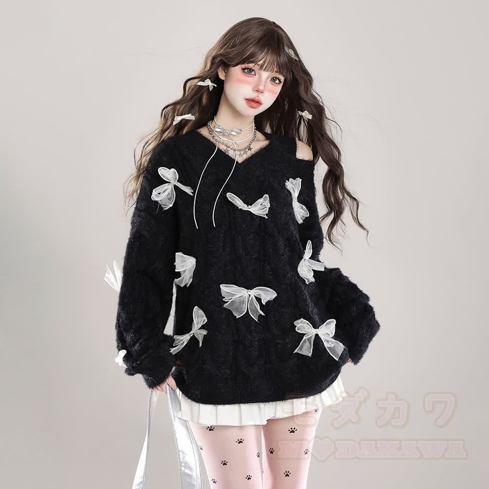 Bow Off-Shoulder V Neck Knit Loose Sweater - Black - One Size - image 1