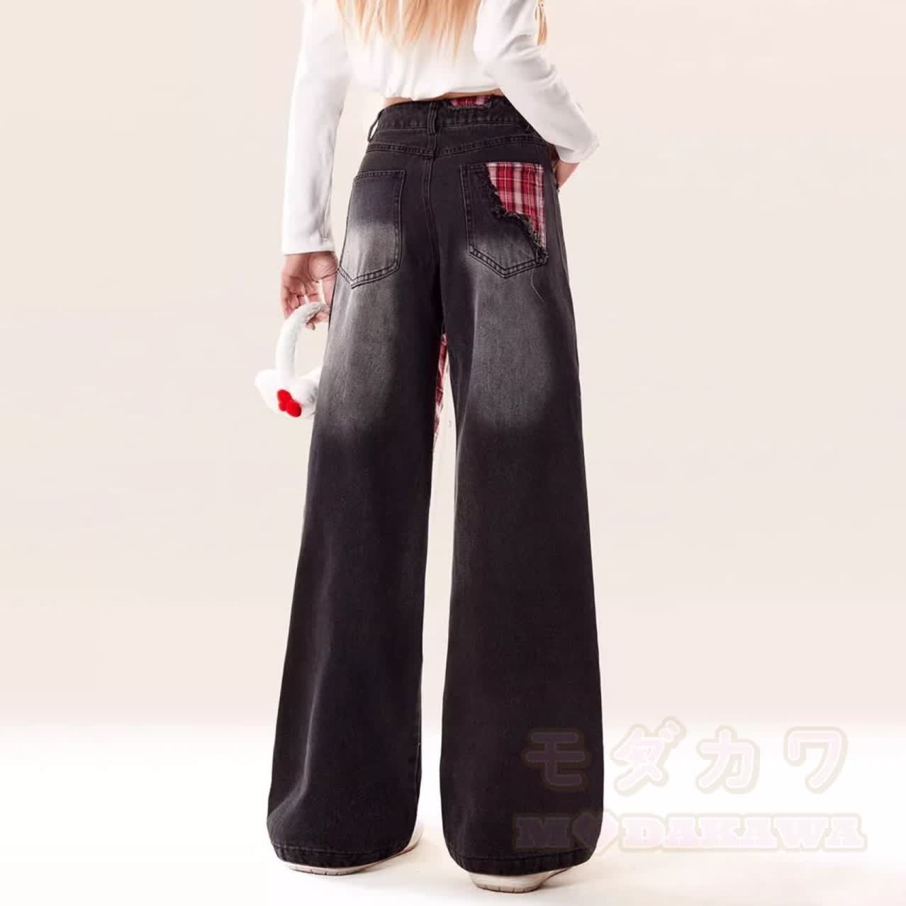 Streetwear Sweatshirt with Plaid Vintage Jeans Two Pieces Set - image 4