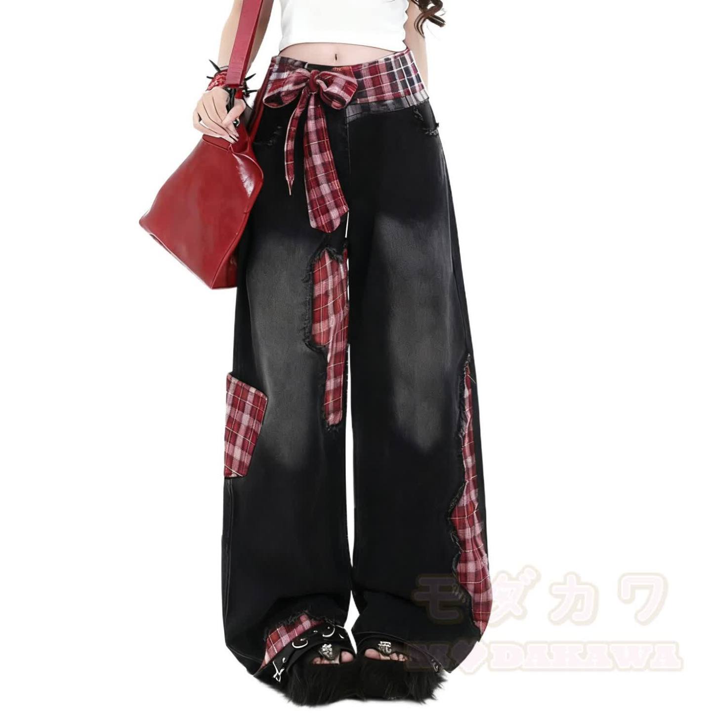 Streetwear Sweatshirt with Plaid Vintage Jeans Two Pieces Set - image 3