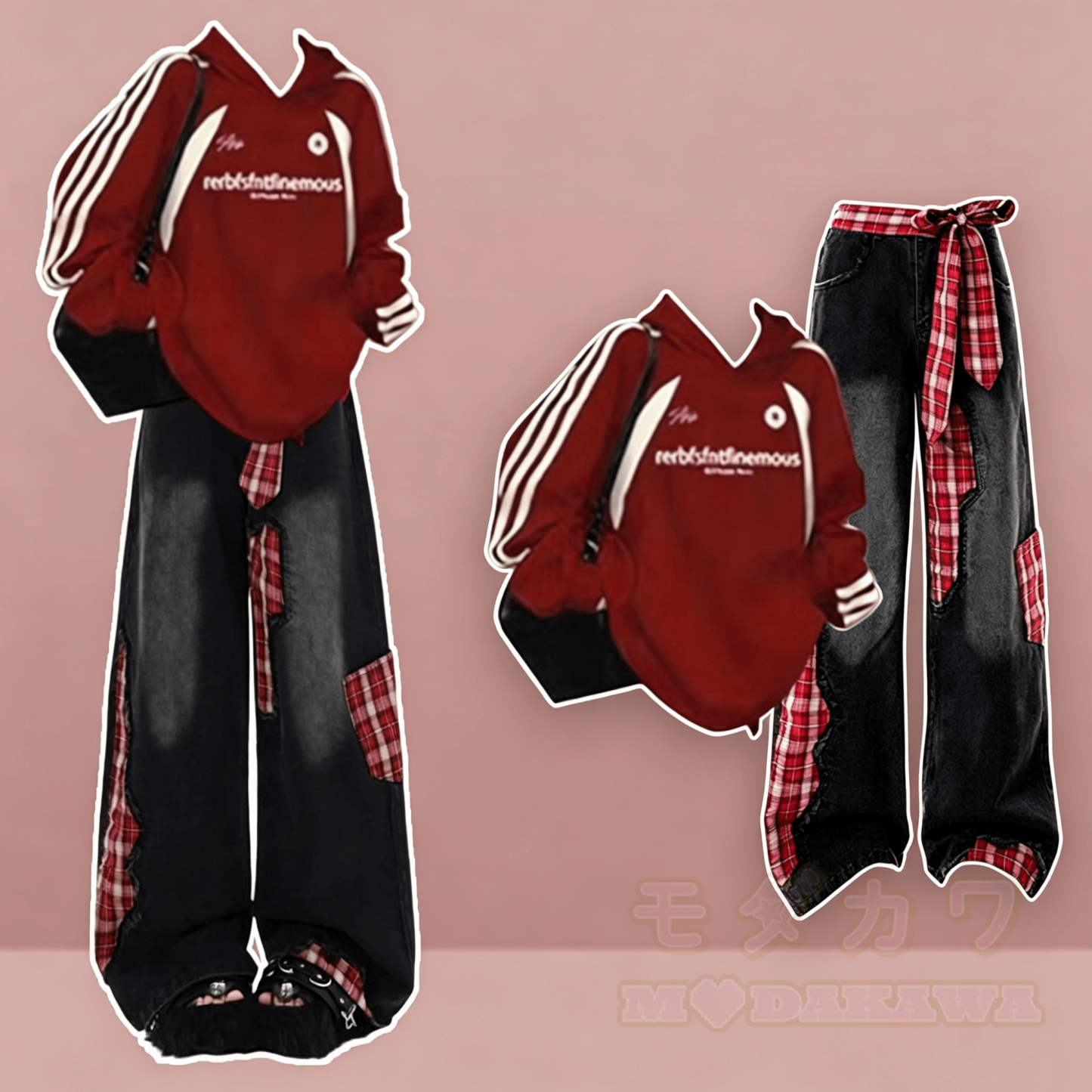 Streetwear Sweatshirt with Plaid Vintage Jeans Two Pieces Set - Set - XL - image 1