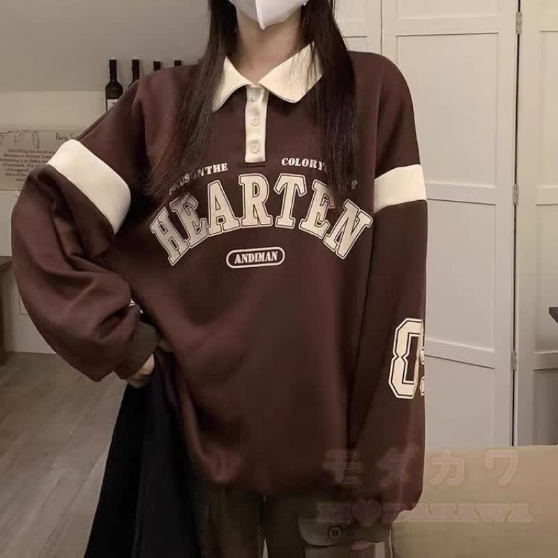 Oversized Polo Collar Sweatshirt with Vintage Jeans Two Pieces Set - Coffee Brown Top - 2XL - image 2