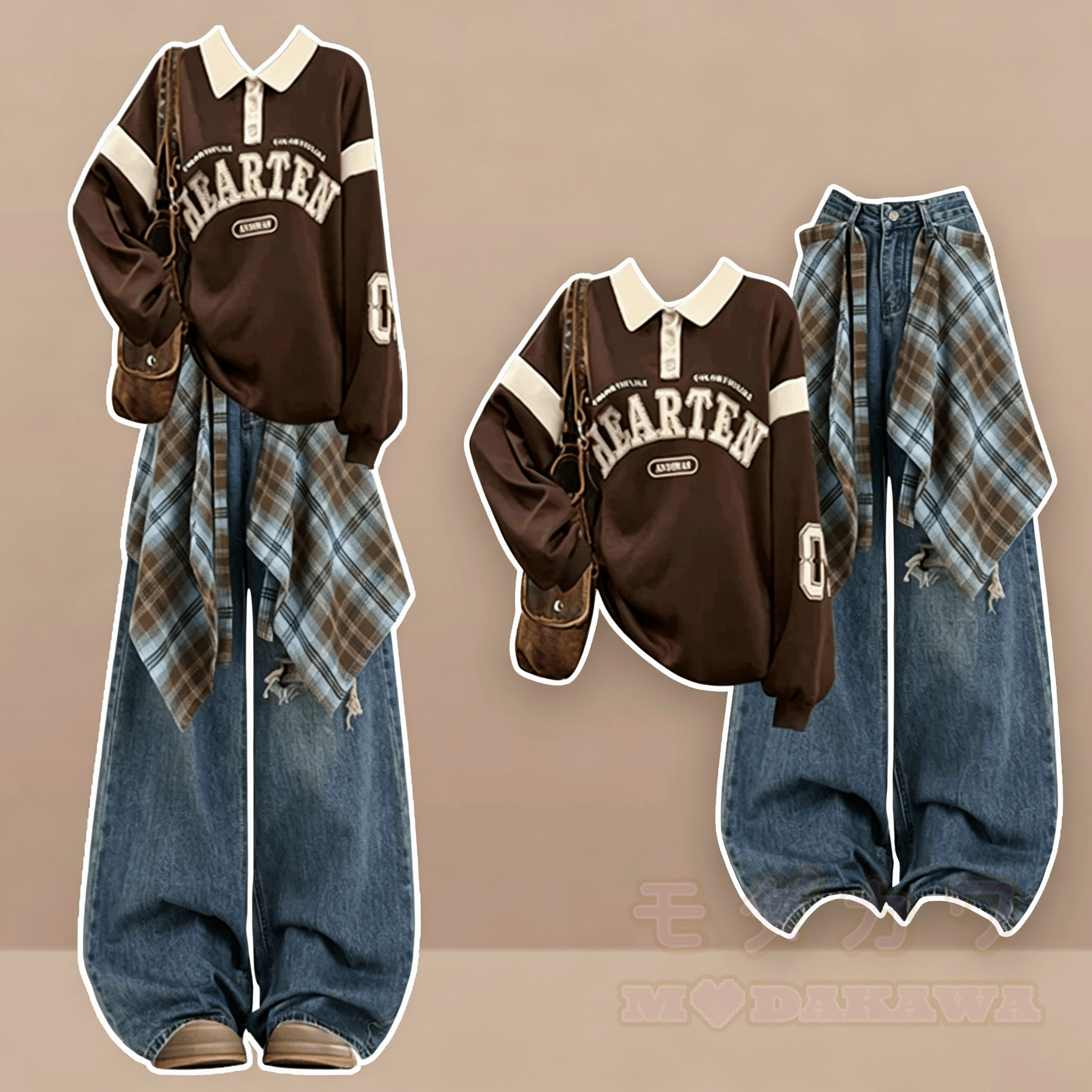 Oversized Polo Collar Sweatshirt with Vintage Jeans Two Pieces Set - image 1