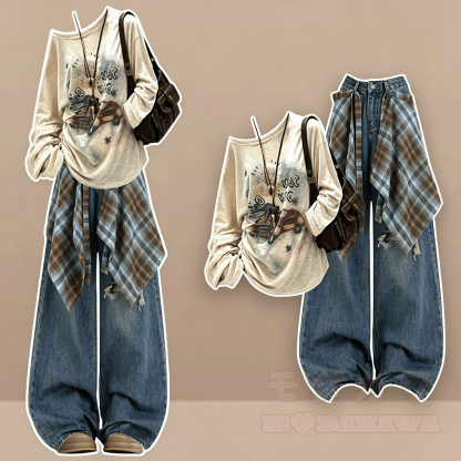 Graffiti Long Sleeves T-Shirt with Vintage Jeans Two Pieces Set - image 1