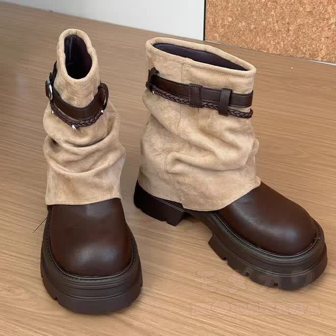 Vintage Round Toe Platform Martin Boots with Buckle Strap - Brown - 40 - image 5