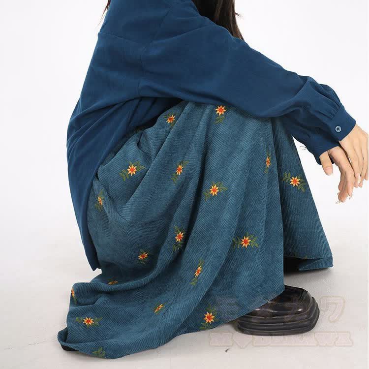 Vintage Floral Embroidered Corduroy Skirt - image 2