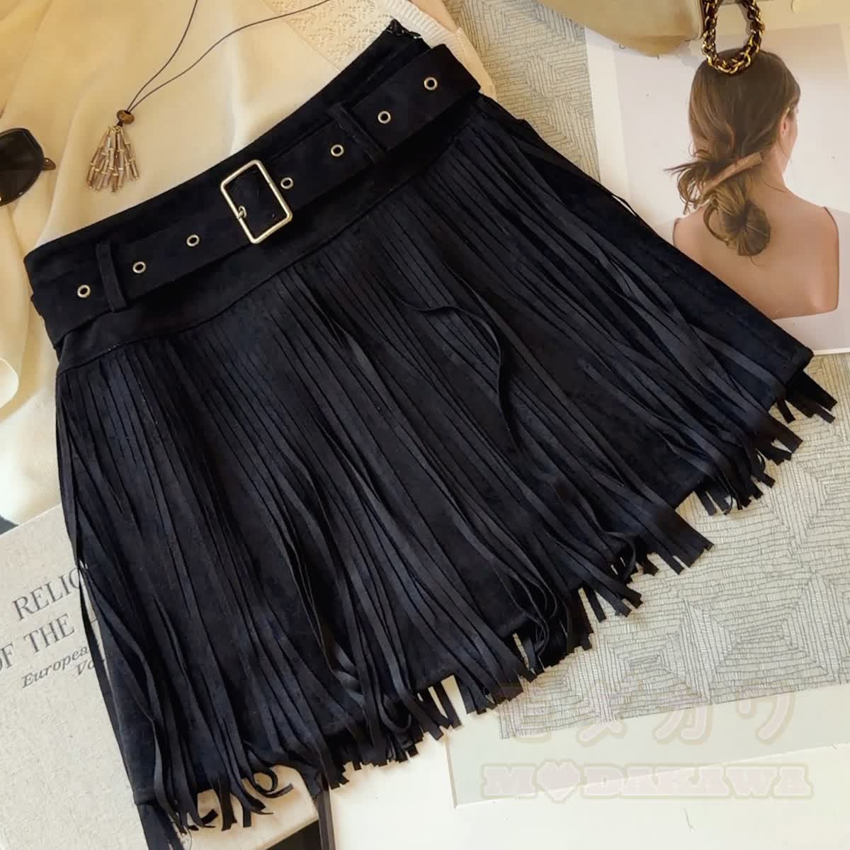 Vintage Faux Suede Mini Skirt with Fringe and Belt - Black - XL - image 4