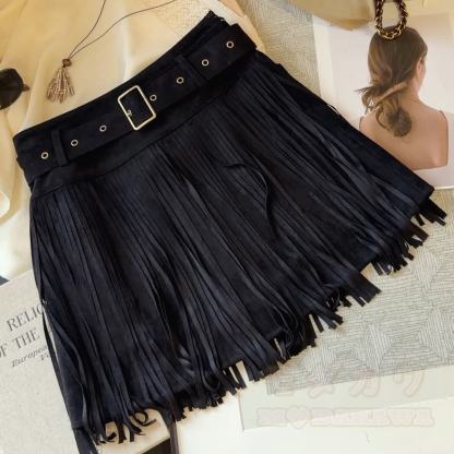 Vintage Faux Suede Mini Skirt with Fringe and Belt - Black - XL - image 4