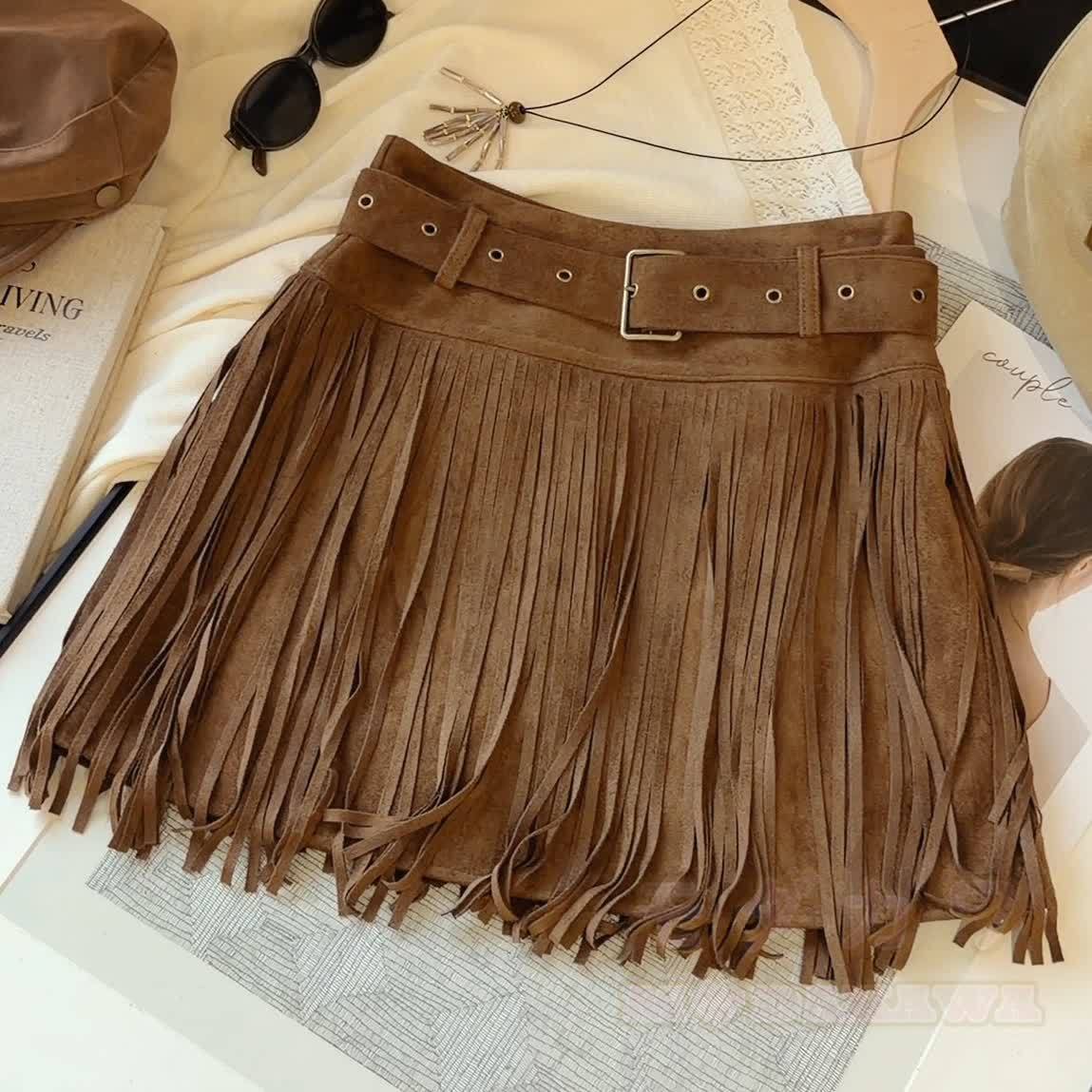 Vintage Faux Suede Mini Skirt with Fringe and Belt - Light Khaki - XL - image 6
