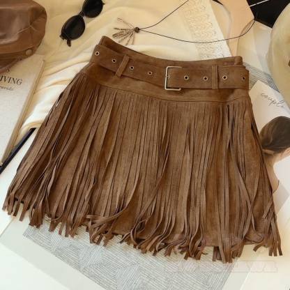 Vintage Faux Suede Mini Skirt with Fringe and Belt - Light Khaki - XL - image 6