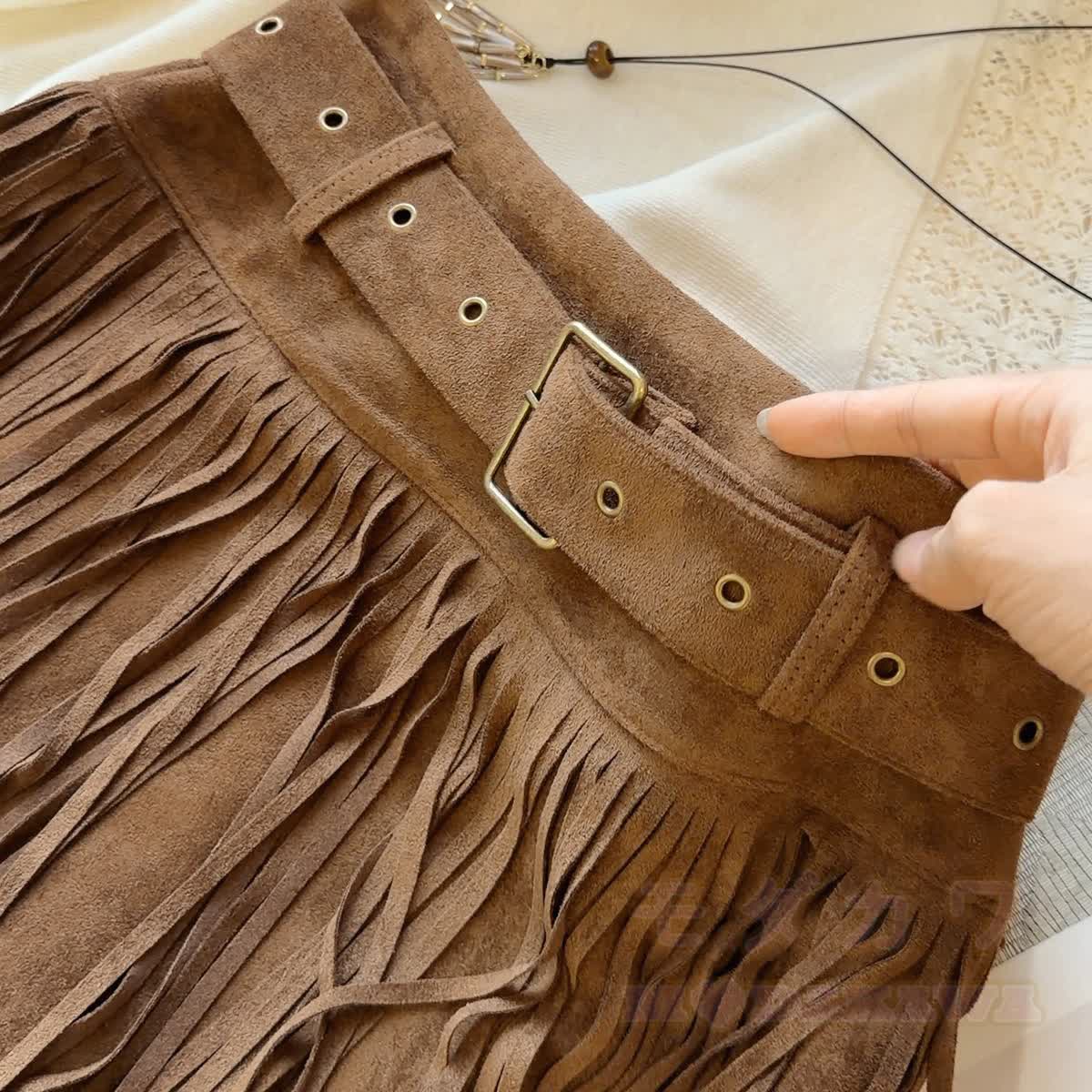 Vintage Faux Suede Mini Skirt with Fringe and Belt - image 9