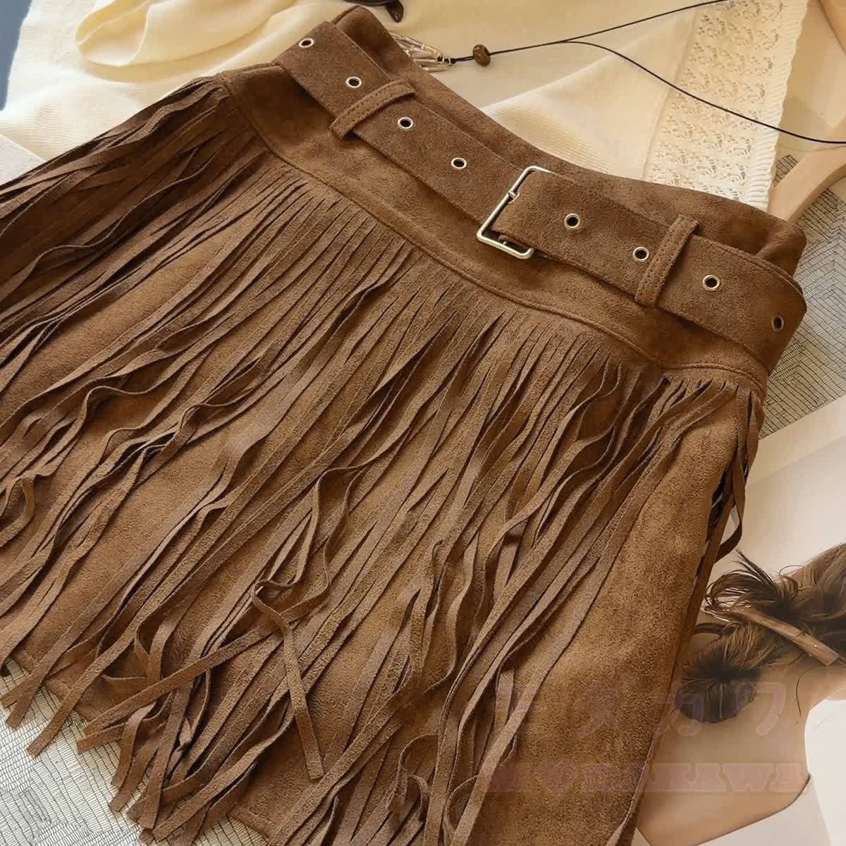 Vintage Faux Suede Mini Skirt with Fringe and Belt - image 7