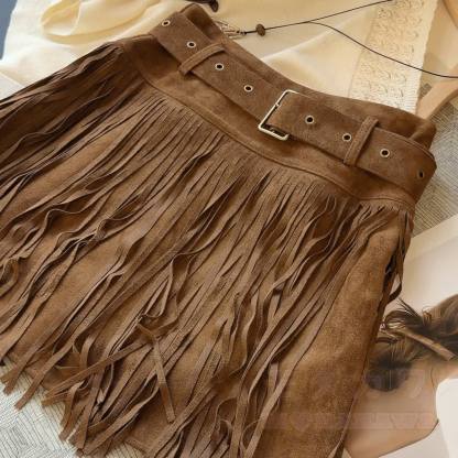 Vintage Faux Suede Mini Skirt with Fringe and Belt - image 7