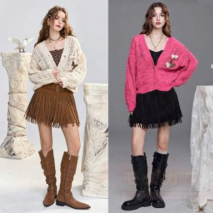Vintage Faux Suede Mini Skirt with Fringe and Belt - image 1