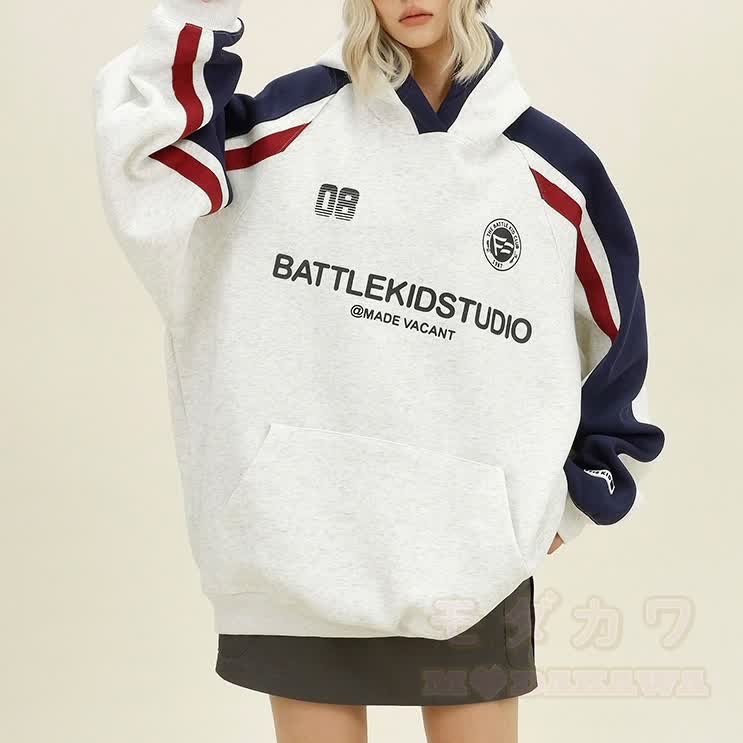 Vintage Color Block Unisex Hooded Sweatshirt - Grey - 3XL - image 1