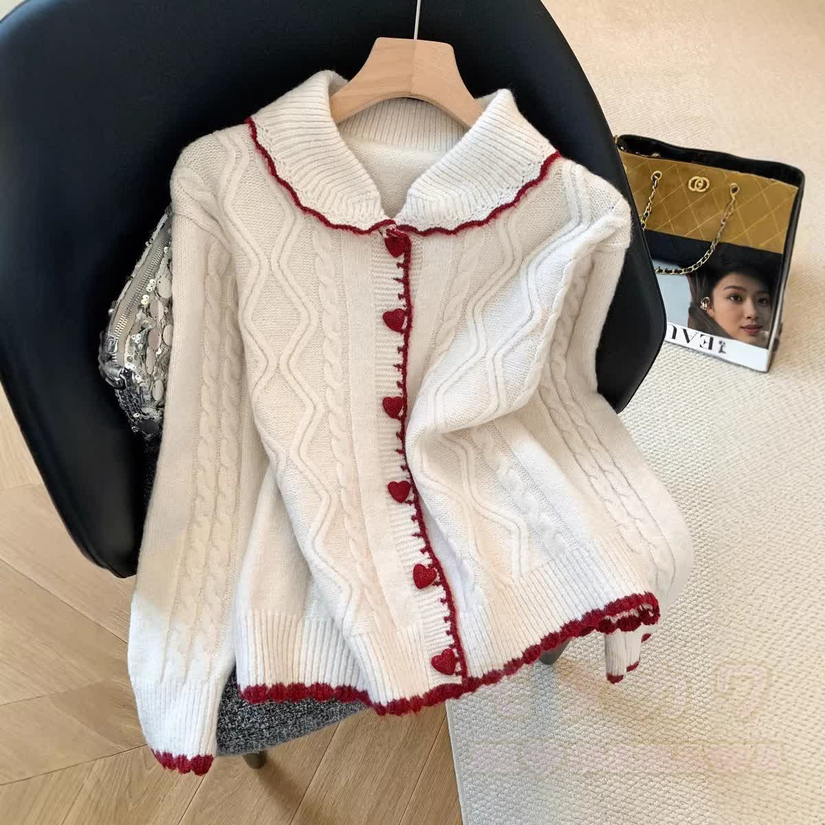 Sweet Peter Pan Collar Knit Cardigan Sweater - Apricot - XL - image 4
