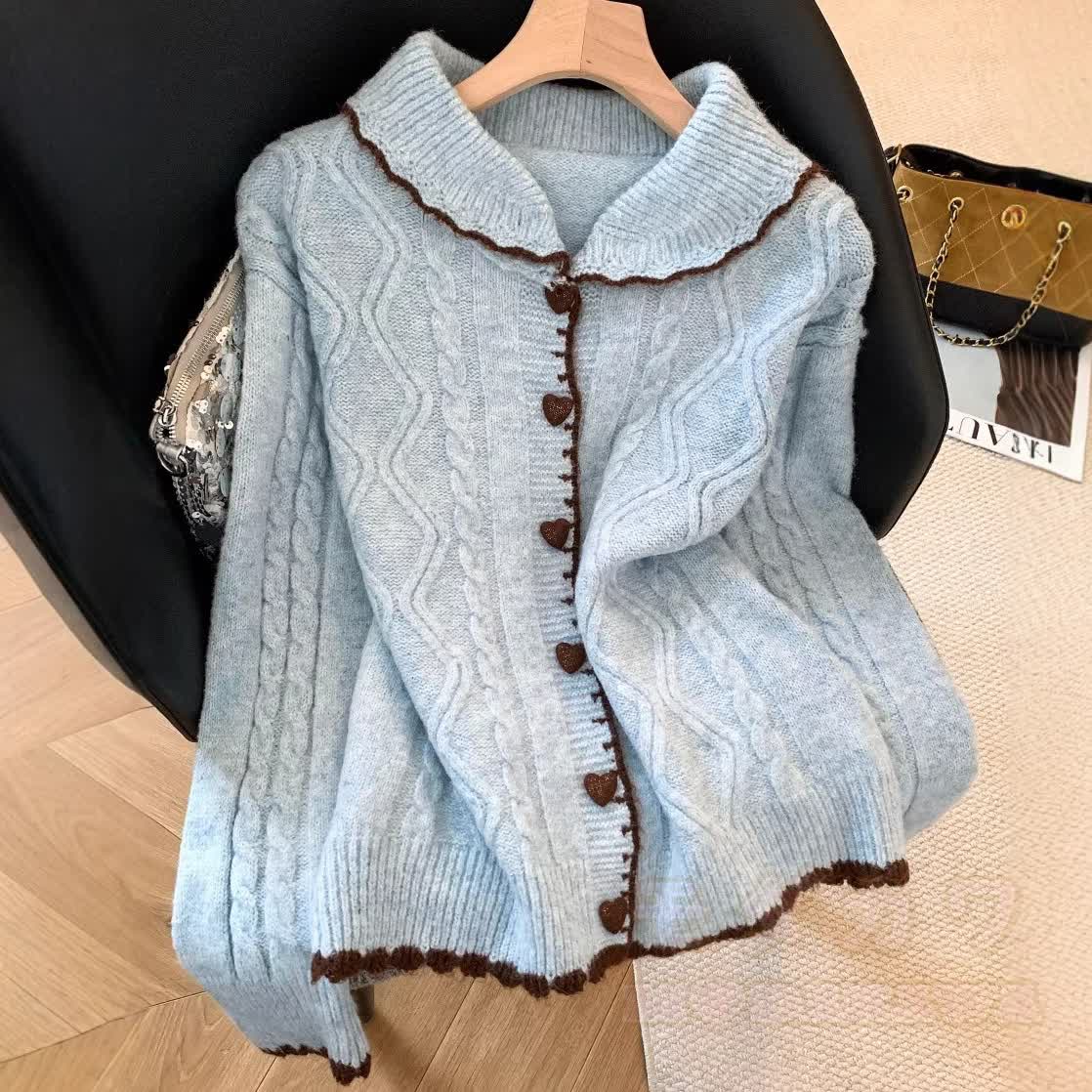 Sweet Peter Pan Collar Knit Cardigan Sweater - Light Blue - XL - image 1