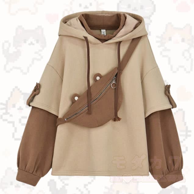 Cute Hooded Sweatshirt with Bear Shoulder Bag - Brown(Fleece-Lined) - 2XL - image 1