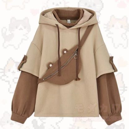 Cute Hooded Sweatshirt with Bear Shoulder Bag - Brown(Fleece-Lined) - 2XL - image 1