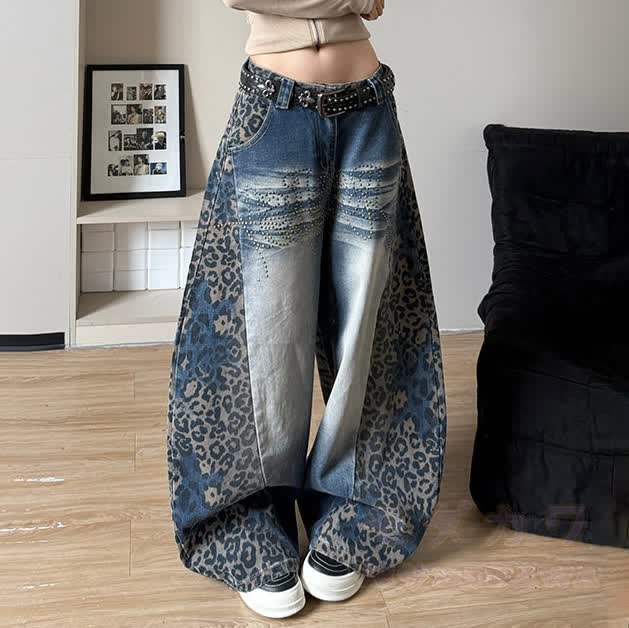 Vintage Leopard Print Wide Leg Jeans - Blue - 4XL - image 1