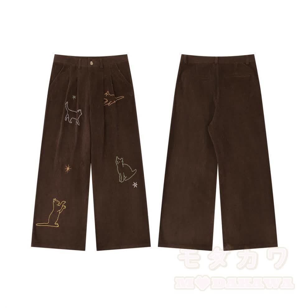Cute Embroidered Cat Corduroy Wide Leg Pants - image 3