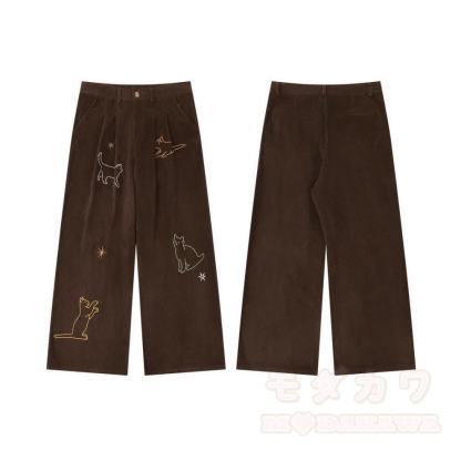 Cute Embroidered Cat Corduroy Wide Leg Pants - image 3