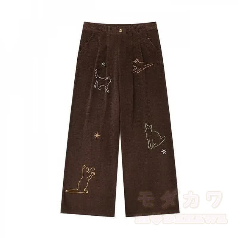 Cute Embroidered Cat Corduroy Wide Leg Pants - image 2