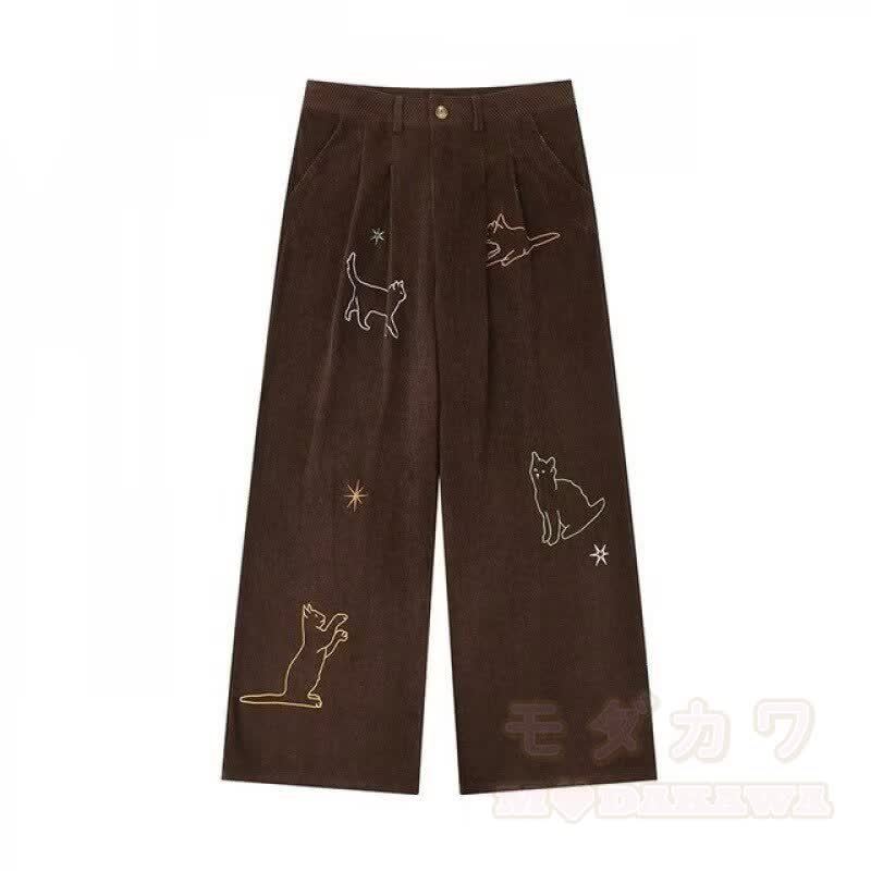 Cute Embroidered Cat Corduroy Wide Leg Pants - image 2