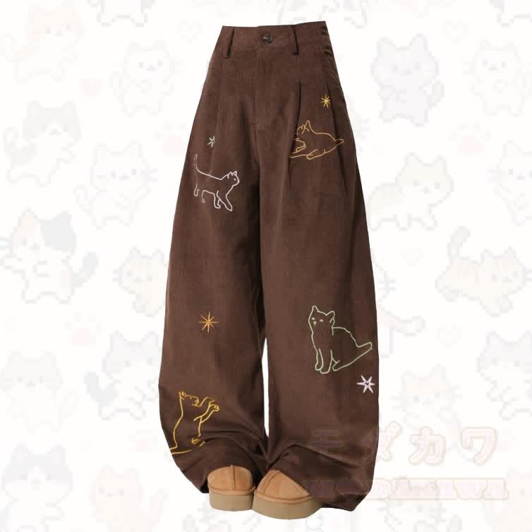 Cute Embroidered Cat Corduroy Wide Leg Pants - Brown - 3XL - image 1