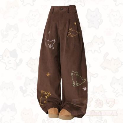 Cute Embroidered Cat Corduroy Wide Leg Pants - Brown - 3XL - image 1