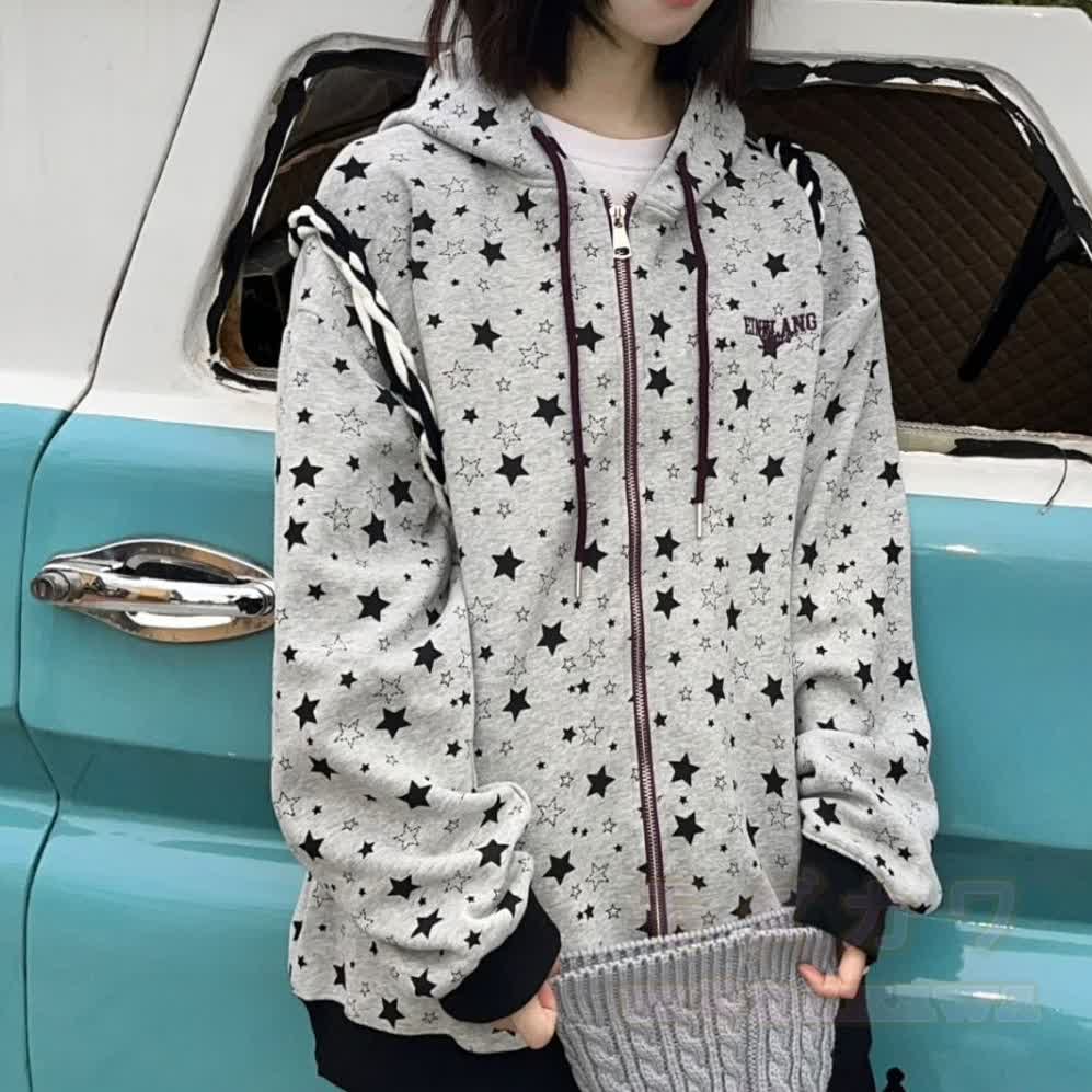Vintage Star Print Gray Zip Up Hooded Sweatshirt - image 7