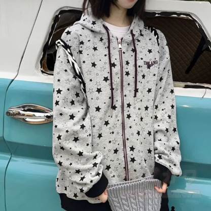Vintage Star Print Gray Zip Up Hooded Sweatshirt - image 7