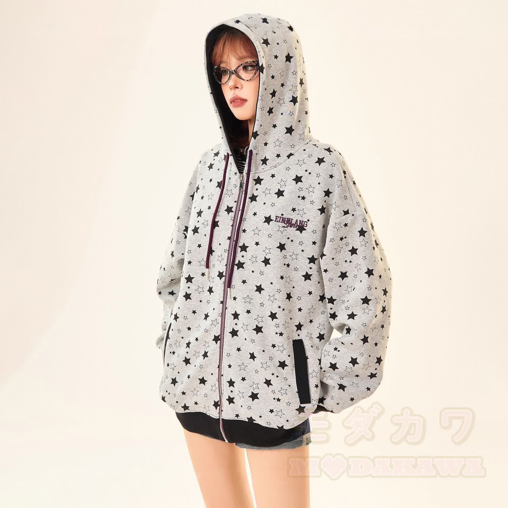 Vintage Star Print Gray Zip Up Hooded Sweatshirt - image 4