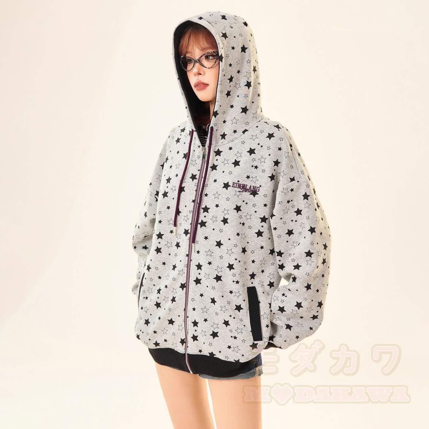 Vintage Star Print Gray Zip Up Hooded Sweatshirt - image 4