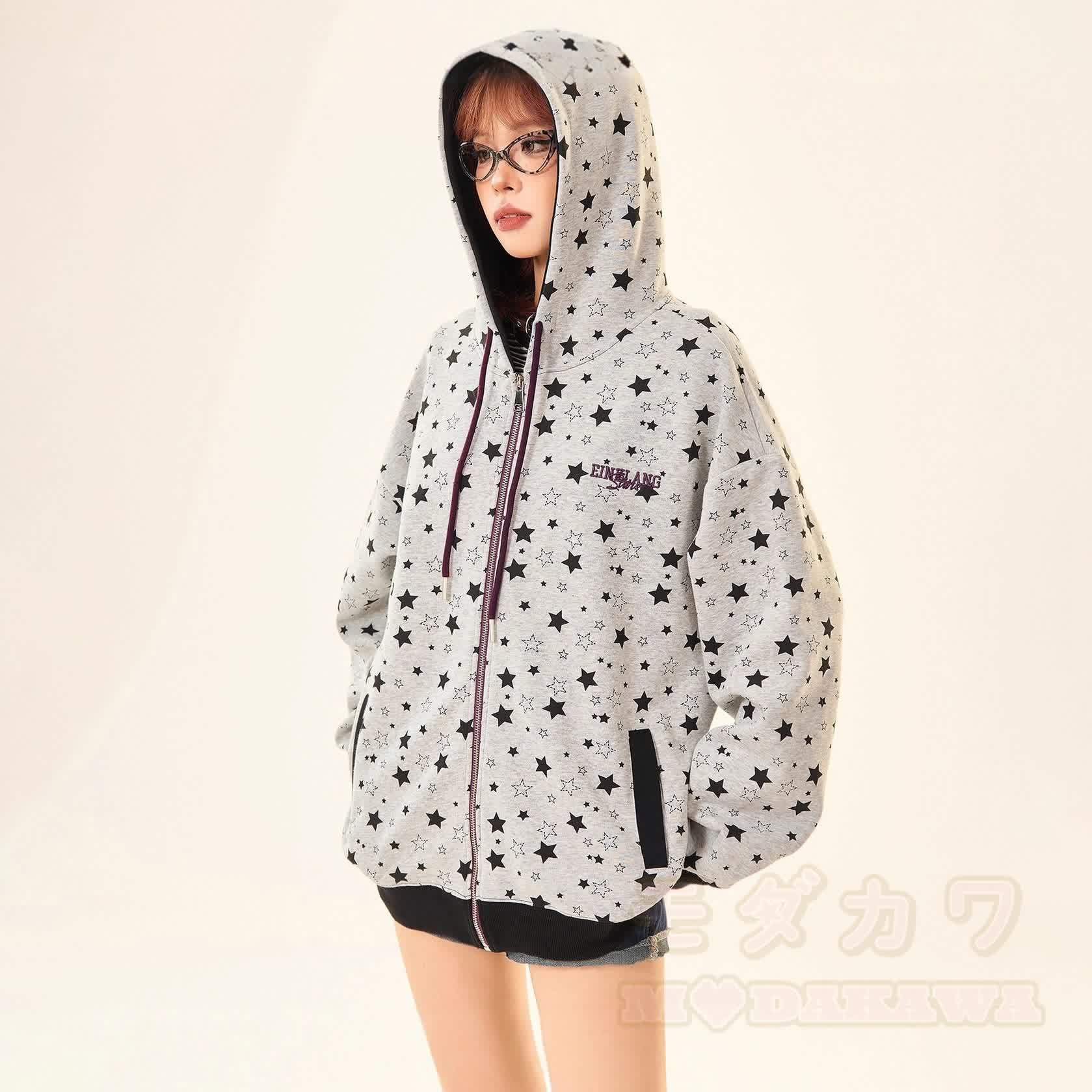 Vintage Star Print Gray Zip Up Hooded Sweatshirt - image 4