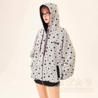 Vintage Star Print Gray Zip Up Hooded Sweatshirt - image 4