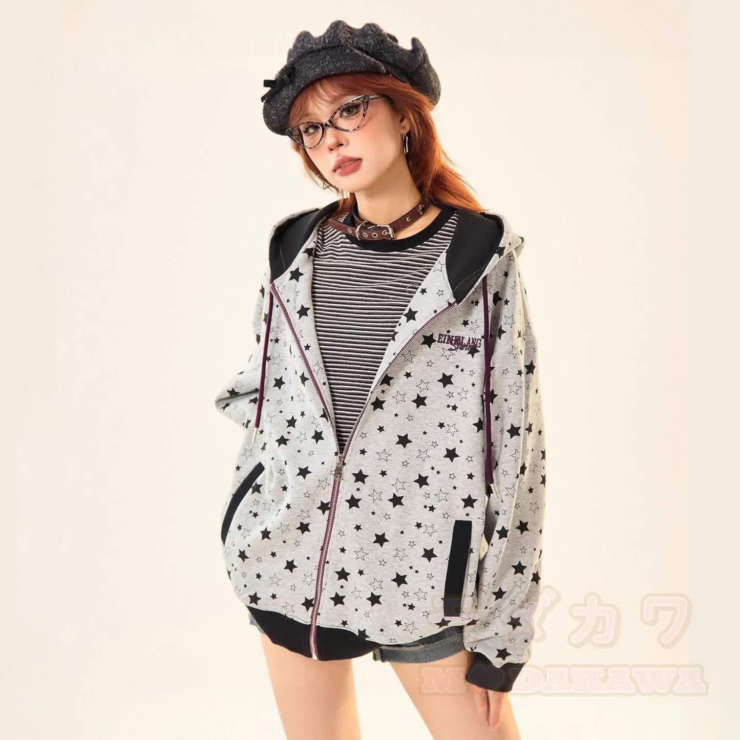 Vintage Star Print Gray Zip Up Hooded Sweatshirt - image 3