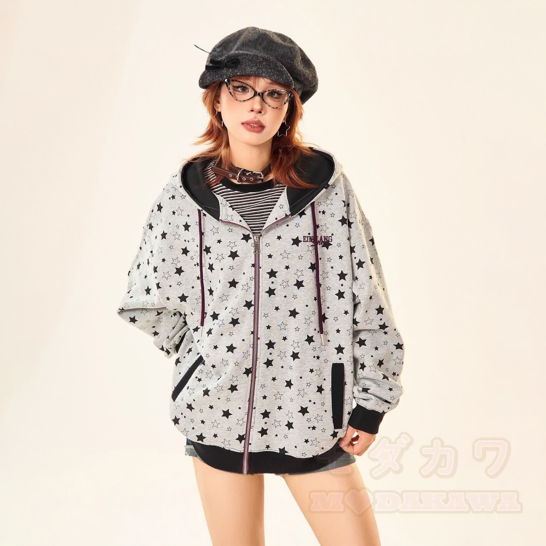 Vintage Star Print Gray Zip Up Hooded Sweatshirt - Regular - 2XL - image 2