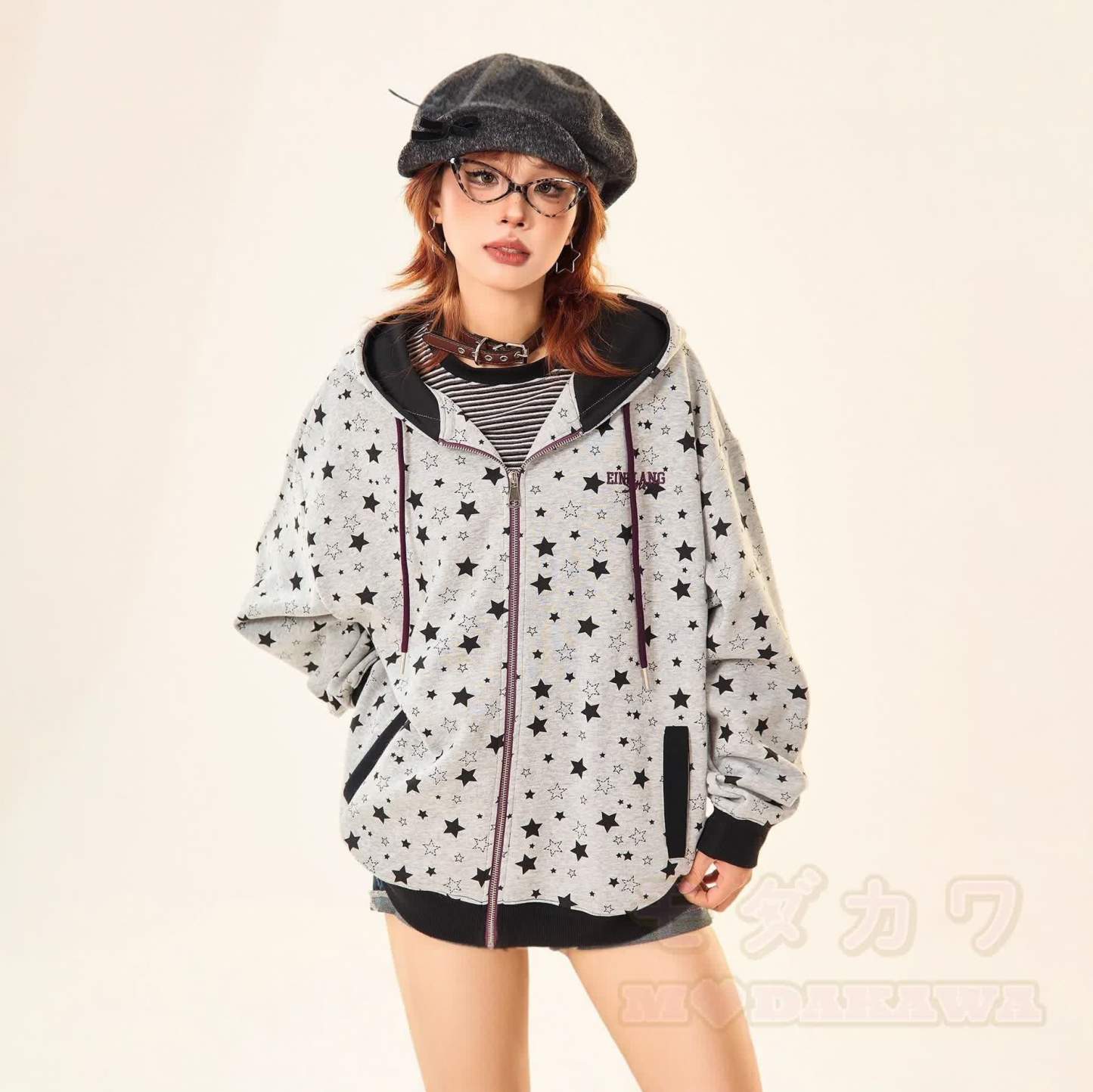 Vintage Star Print Gray Zip Up Hooded Sweatshirt - Regular - 2XL - image 2