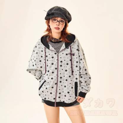 Vintage Star Print Gray Zip Up Hooded Sweatshirt - Regular - 2XL - image 2